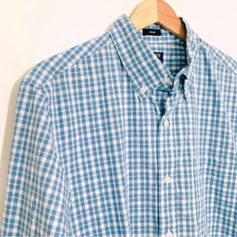 J. Crew Men’s Blue Checked Button Down Flex Washed Size Medium Slim Fit
